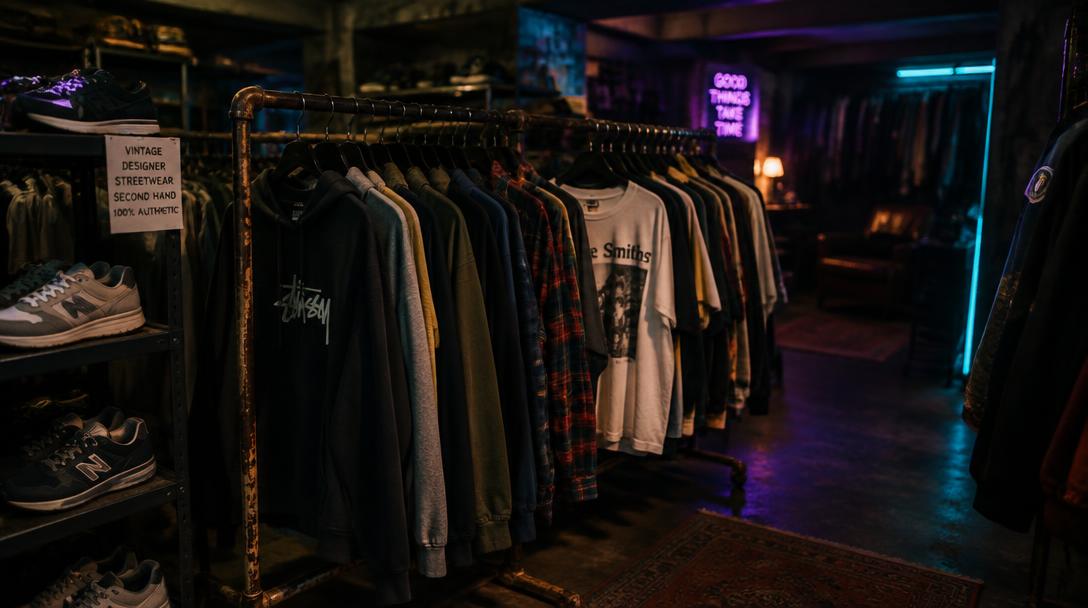 Rack of brand-name clothing in Benjamin's Basement