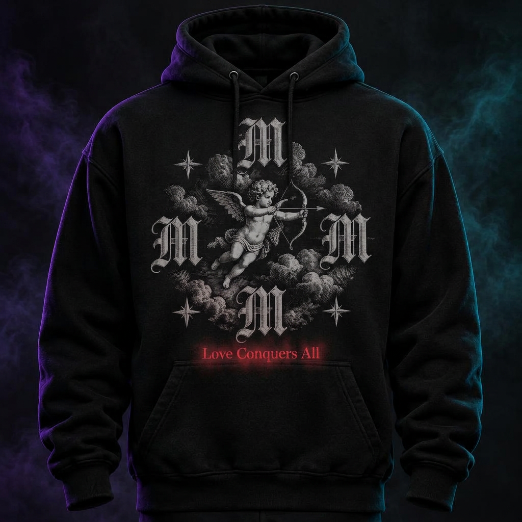 Black pullover hoodie printed with the Love Conquers All cupid design