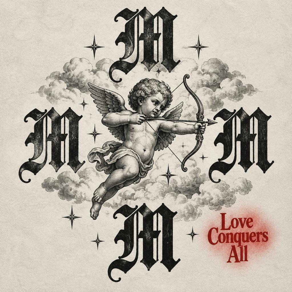 Love Conquers All — engraved cupid and blackletter M graphic