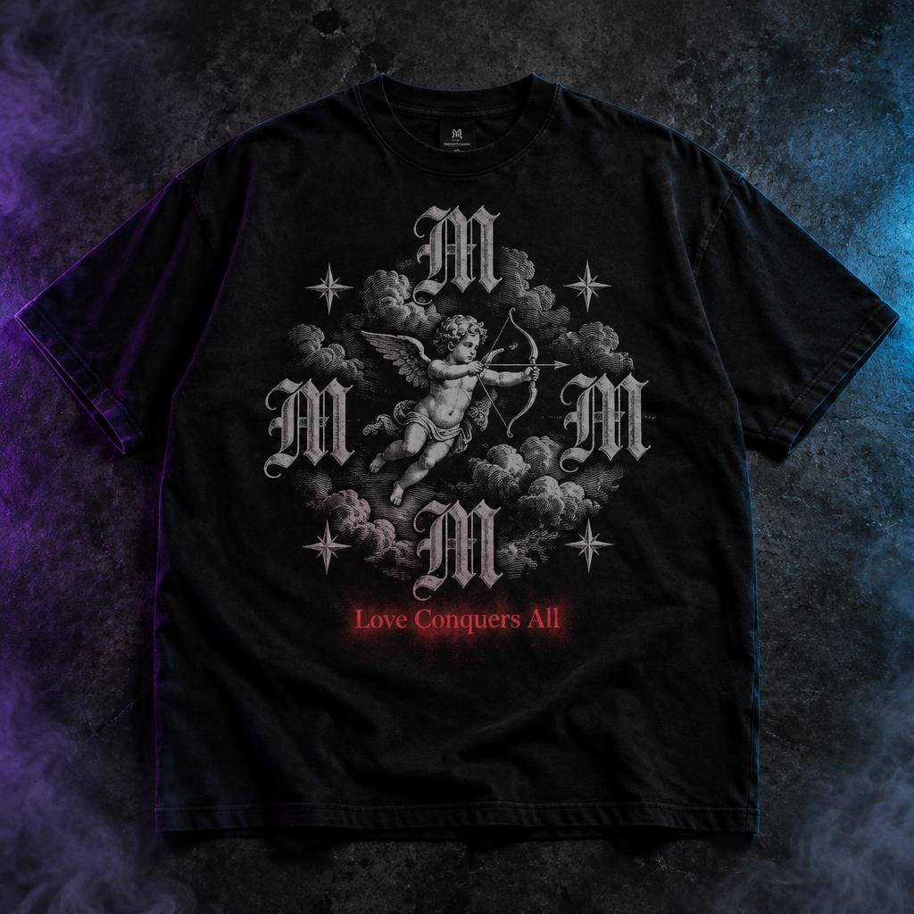 Black heavyweight tee printed with the Love Conquers All cupid design